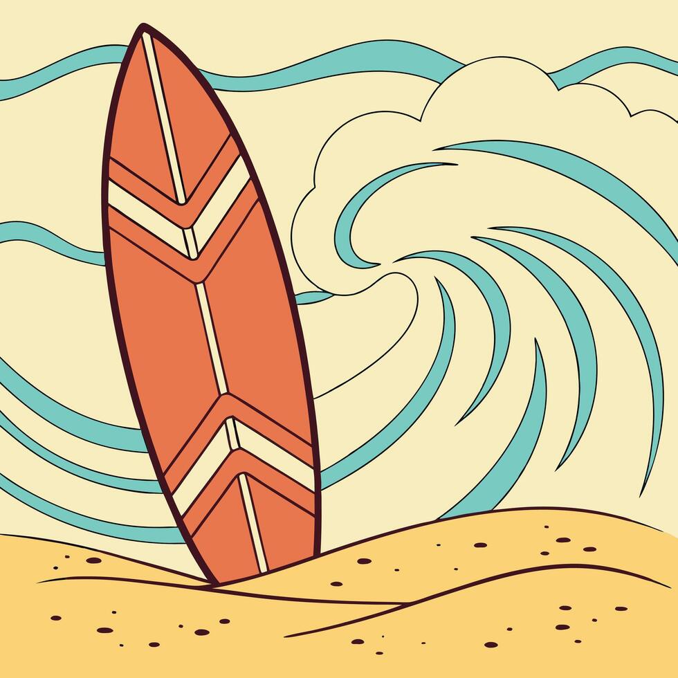 Retro Surfboard on Beach with Wave Graphic vector
