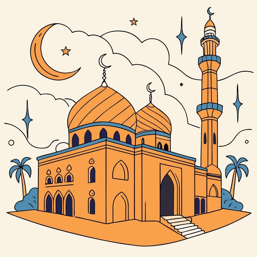 Ramadan Kareem mosque in cartoon style. vector