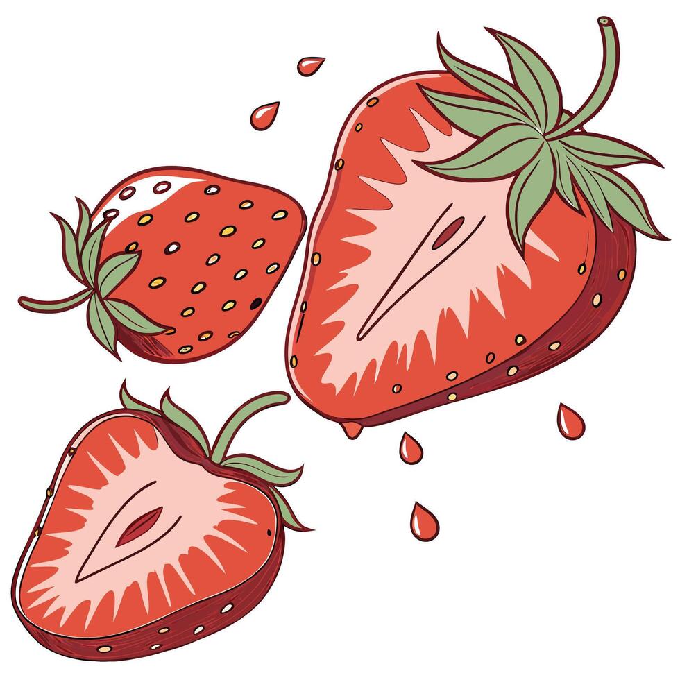 Strawberry cartoon illustration with outlined drops. vector