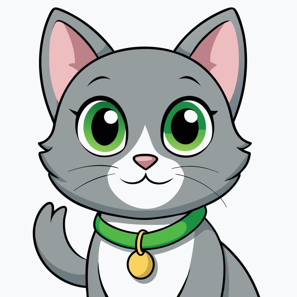 Cute Gray Cartoon Cat with Green Eyes vector