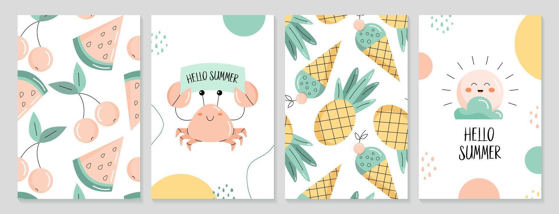 Set of hello summer cards with crab, pineapple, ice cream, sun, cherry and watermelon. Flat illustration vector