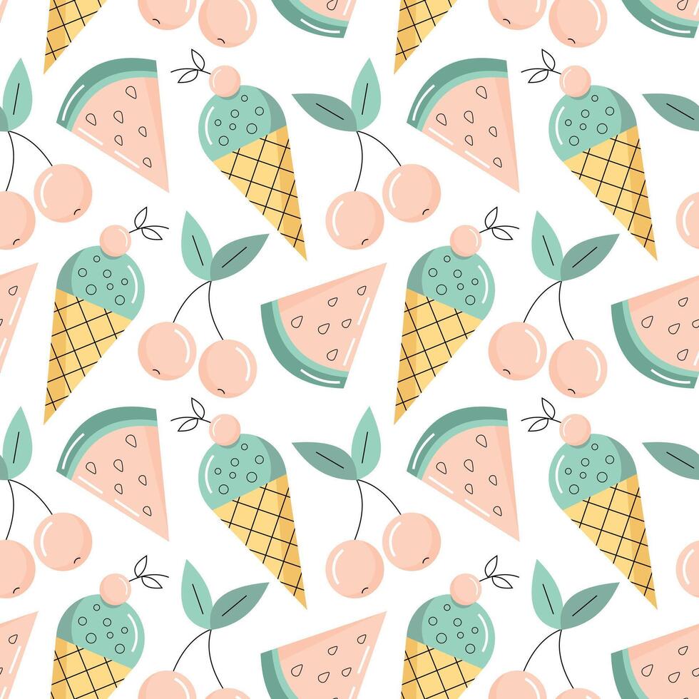 Seamless pattern with ice cream, watermelon and cherry. Summer theme and food. Flat illustration vector