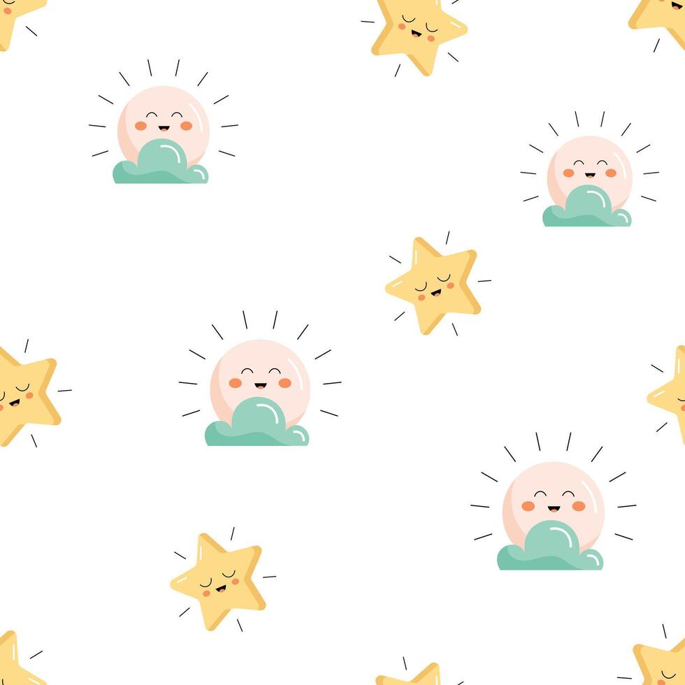 Seamless pattern with cute sun with cloud and starfish. Summer theme. Flat illustration vector