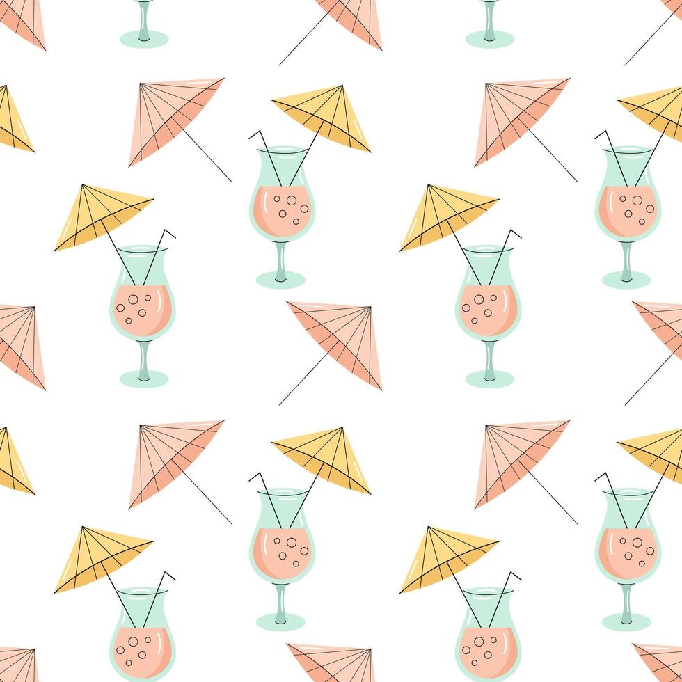 Seamless pattern with cocktail with sun umbrella. Summer theme. Flat illustration vector