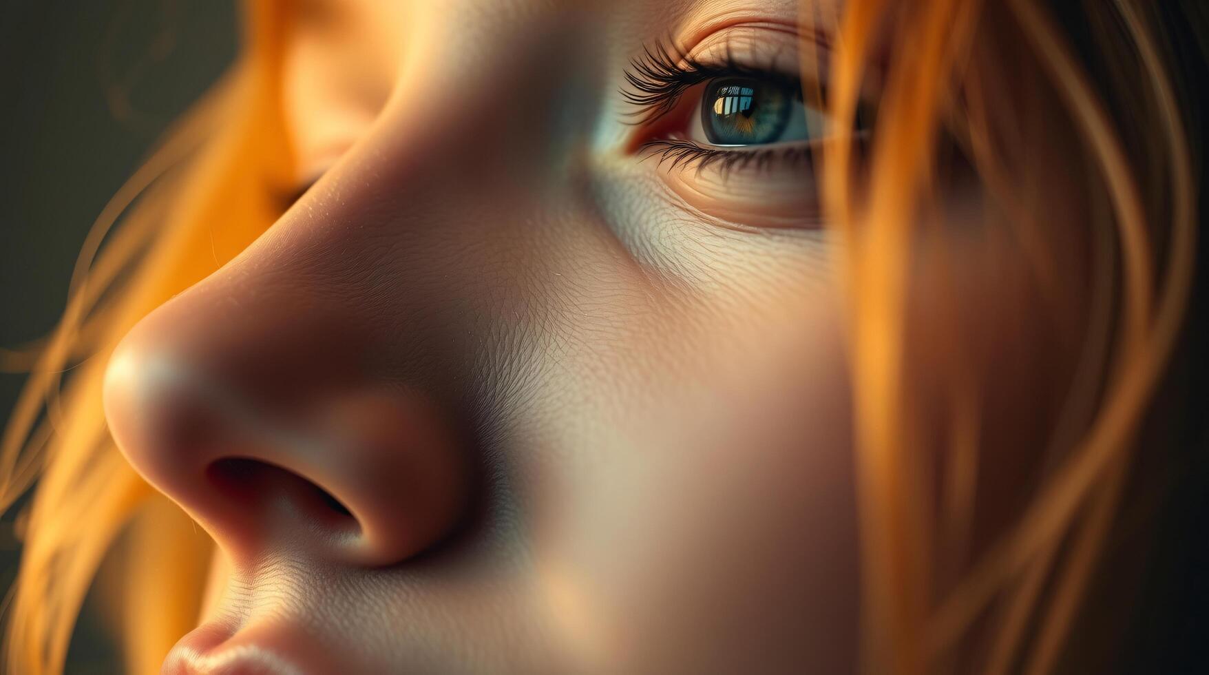 A close up of a woman's face with a blue eye photo