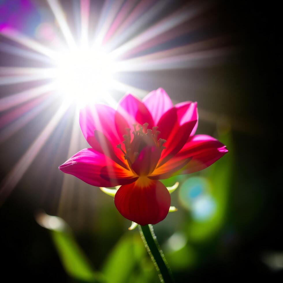 A bright pink flower with sun shining through it photo