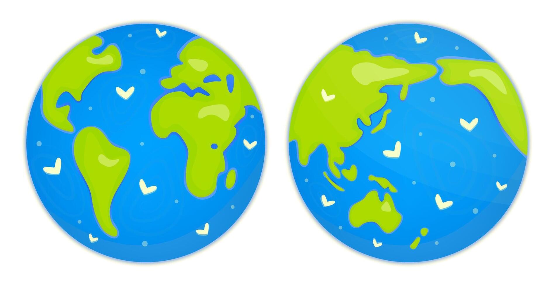 Cute Earth planet cartoon in two prejections. Bright color illustrations for Earth day and Environment day. Globe sphere in green and blue colors. Ecology concept, save and love nature vector