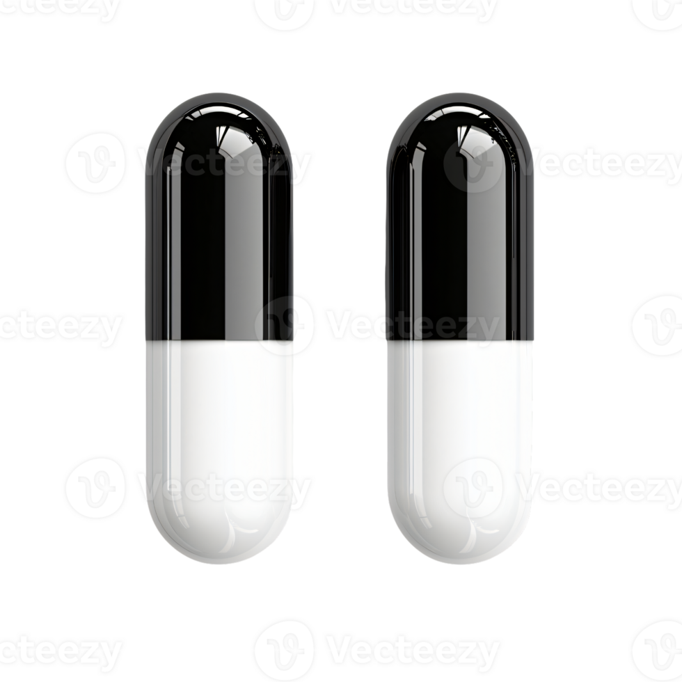 Two Black and White Capsules Pharmaceutical Medicine Healthcare Concept Shiny Glossy Pills png