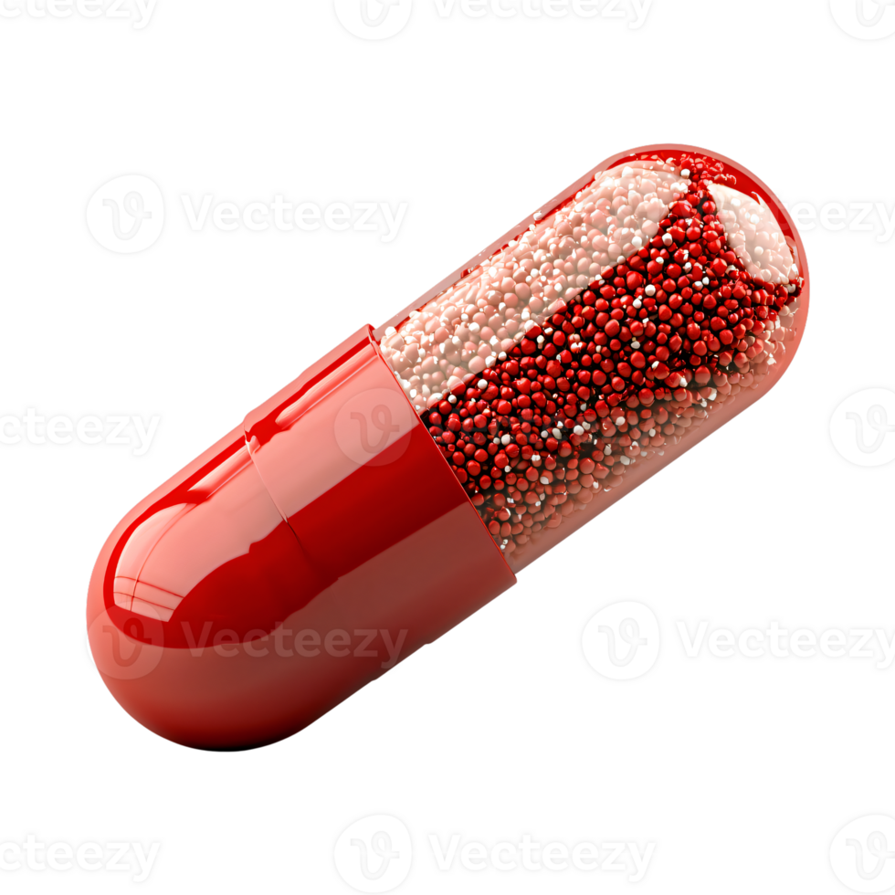 Red Capsule Pill Filled with Tiny Red and White Granules Pharmaceutical Medicine Concept png