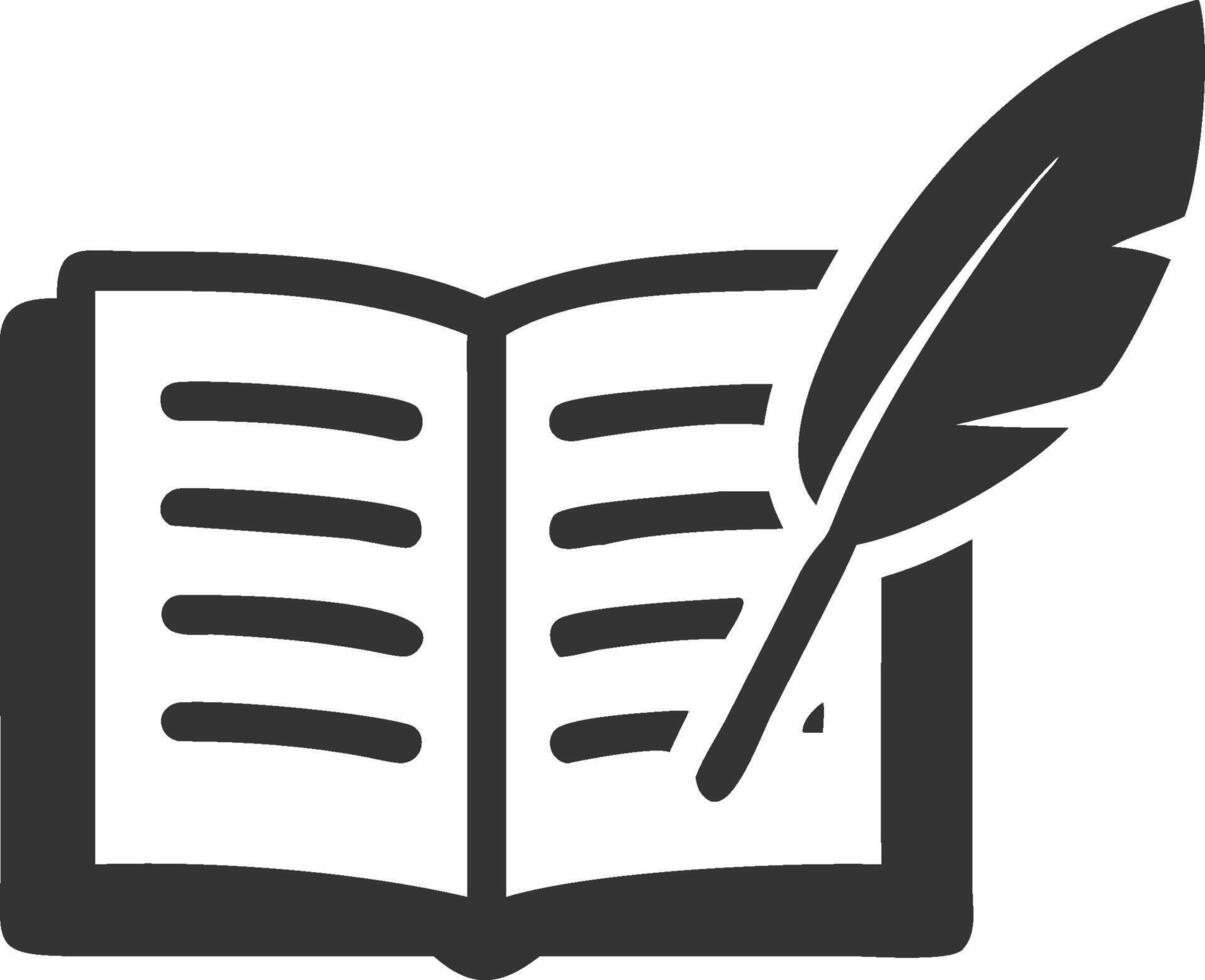 Open Book and Quill Pen Minimalist Black and White Literature Illustration vector