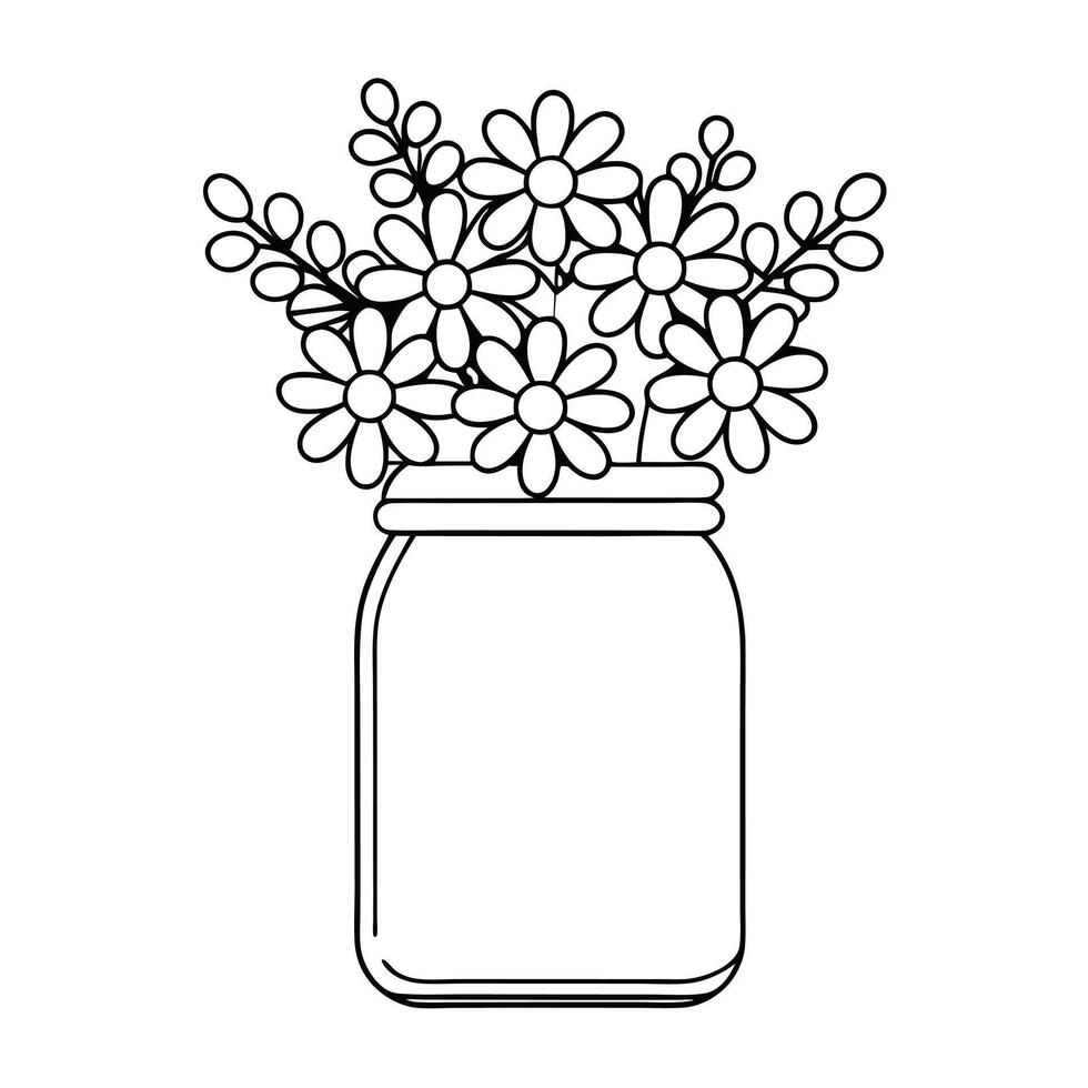 Elegant Floral Illustration Simple Line Drawing of a Mason Jar Bouquet vector