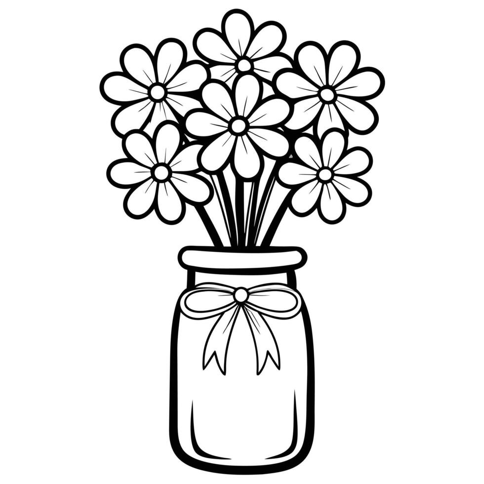 Hand-Drawn Black and White Sketch Flowers Arranged in a Mason Jar vector