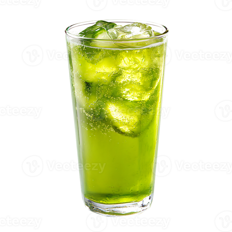 Refreshing Green Sparkling Soda Drink in Tall Glass with Ice Cubes png