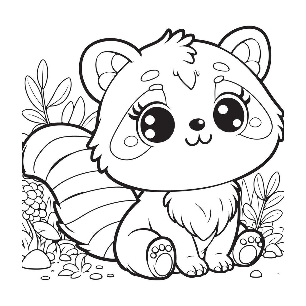 Coloring book for children. cute raccoon sitting on the grass vector