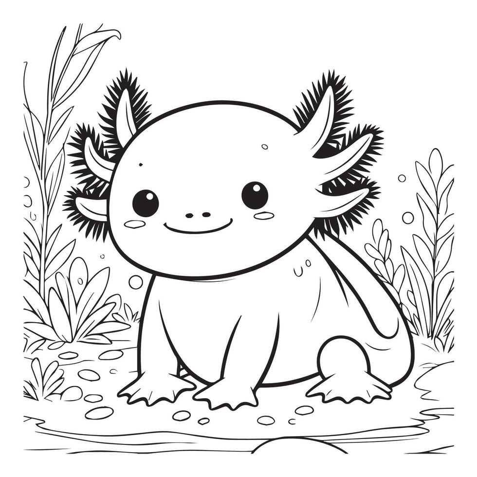 Cute cartoon axolotl in the jungle. illustration for coloring book. vector