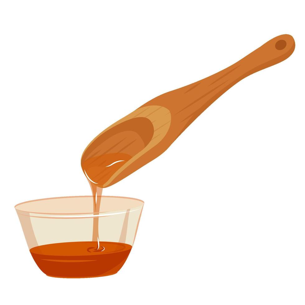 Glass Bowl Full of Honey. Honey dripping from wooden dipper. Organic sweet food. cartoon flat illustration isolated on white background vector