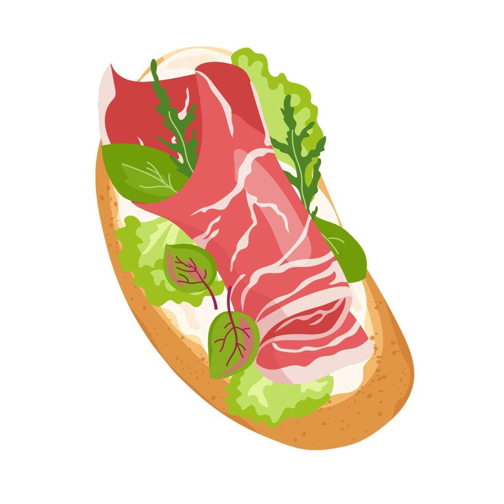 Spanish ham tapas on toasted bread with soft cheese. Jamon and salad on crispy slice of toasted bread. Top view of Italian bruschetta with prosciutto ideal appetizer or snack. Flat illustration vector