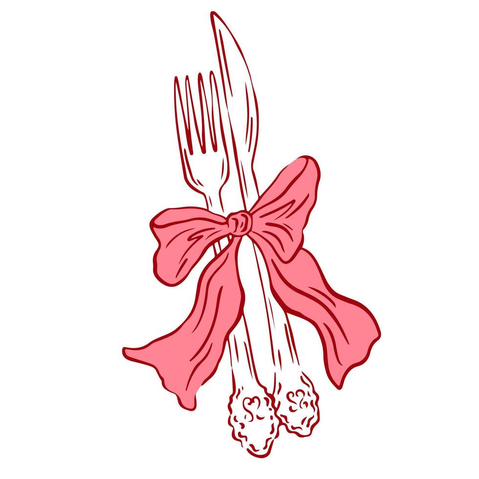Whimsical fork and knife with bow. Coquette dishes with bow in hand drawn style for designed modern menu restaurant and cafe in simple crayon and sketch style. Doodle outline illustration vector