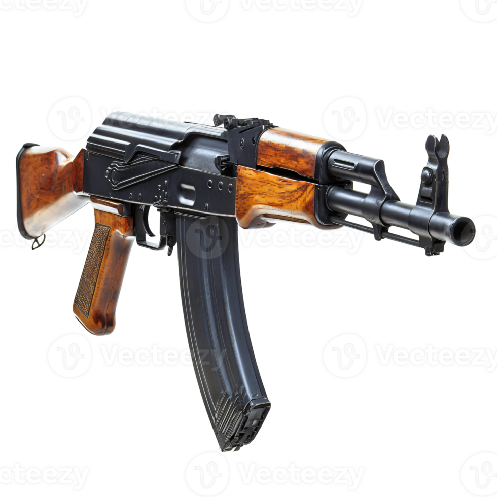 Ak 47 assault rifle military weapon close up black and wood isolated transparent background png