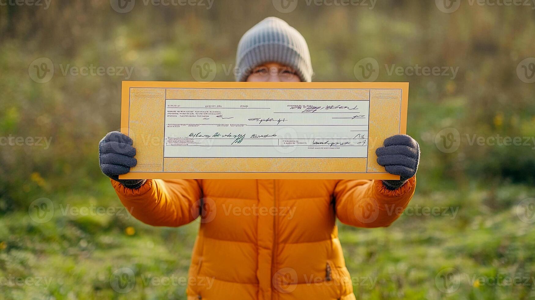 A person in an orange jacket holding up a check photo