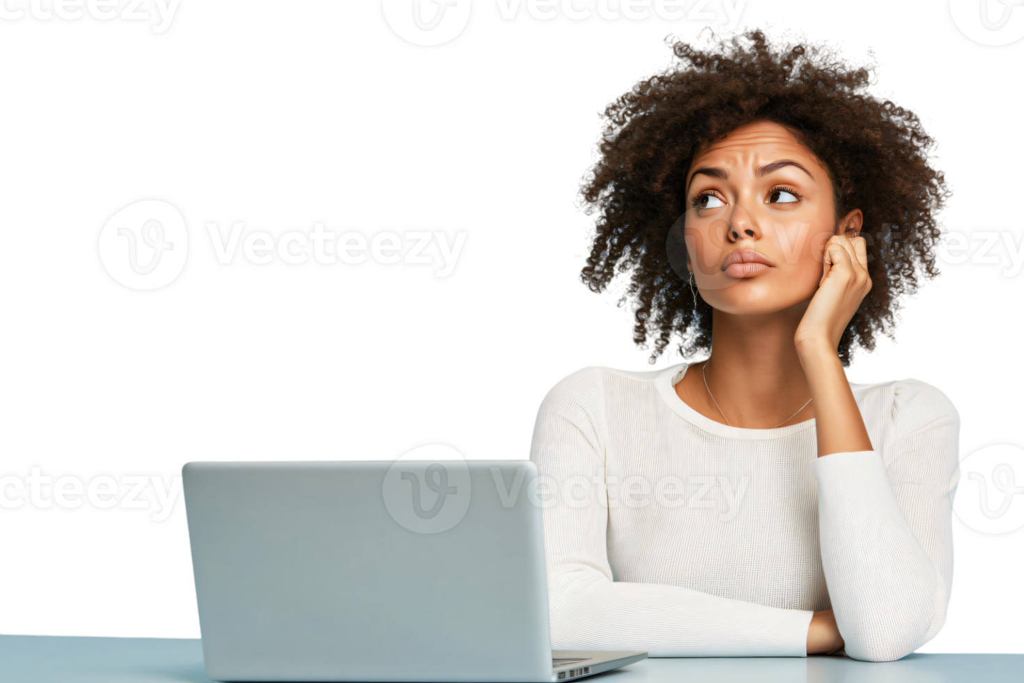 Pensive Young Woman with Curly Hair at Laptop Thoughtful Expression Indoor Portrait png