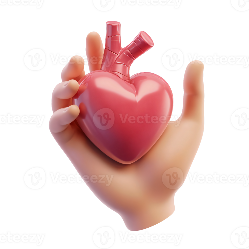 3D Render of a Hand Gently Holding a Realistic Anatomical Heart png