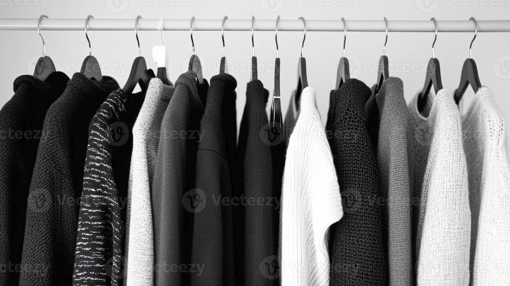 A black and white photo of clothes hanging on a rack