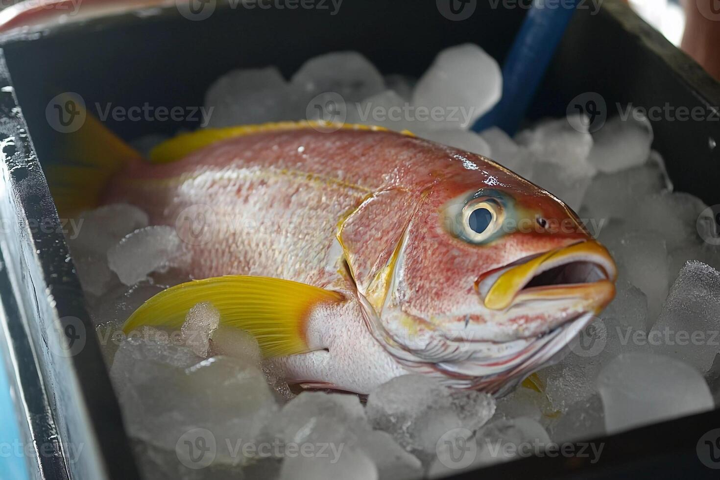 Freshly caught fish on ice at a seafood market in a coastal town during the morning hours photo