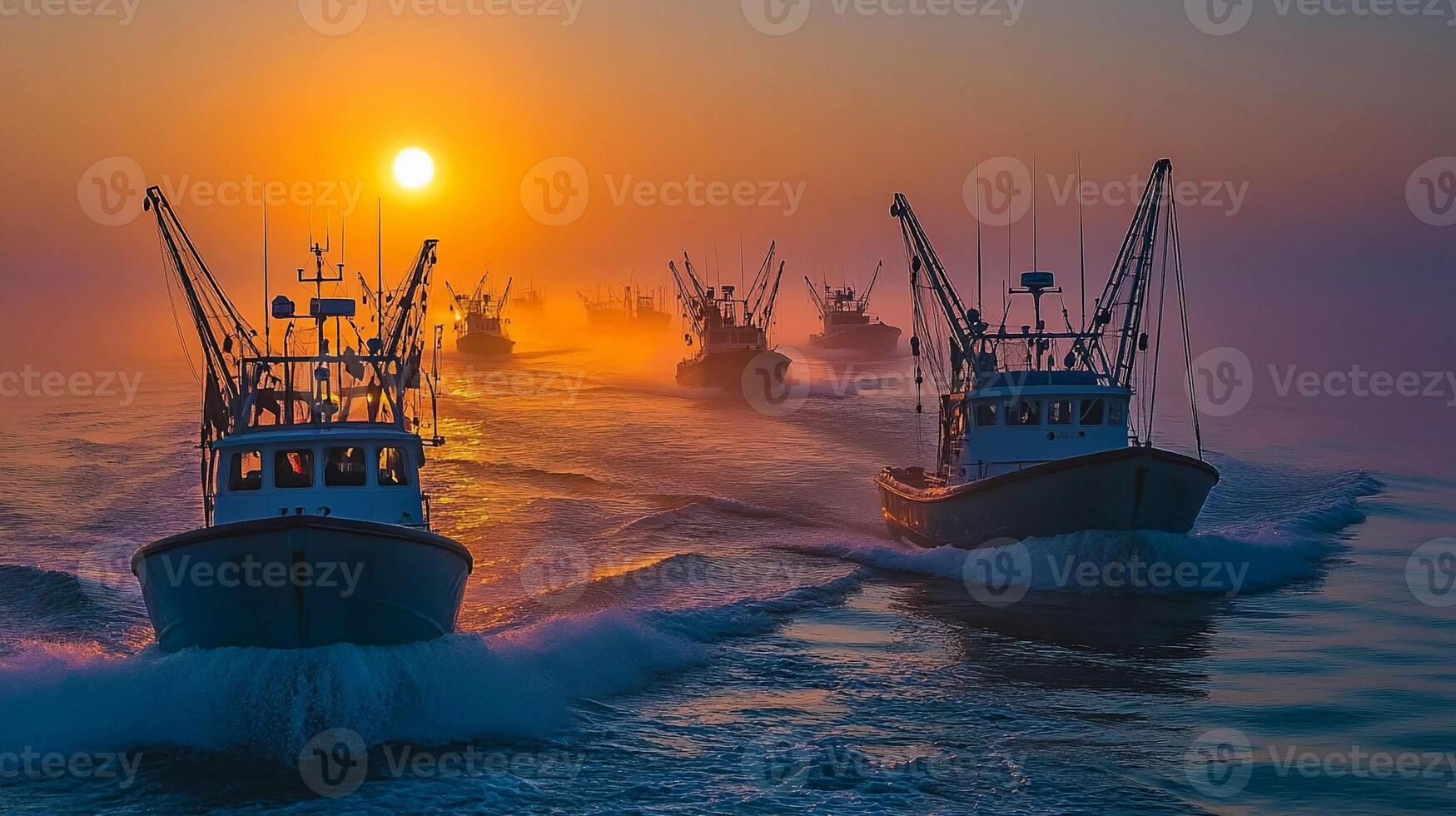 Fishing boats navigate through mist at sunrise near the coastline in a serene ocean landscape photo