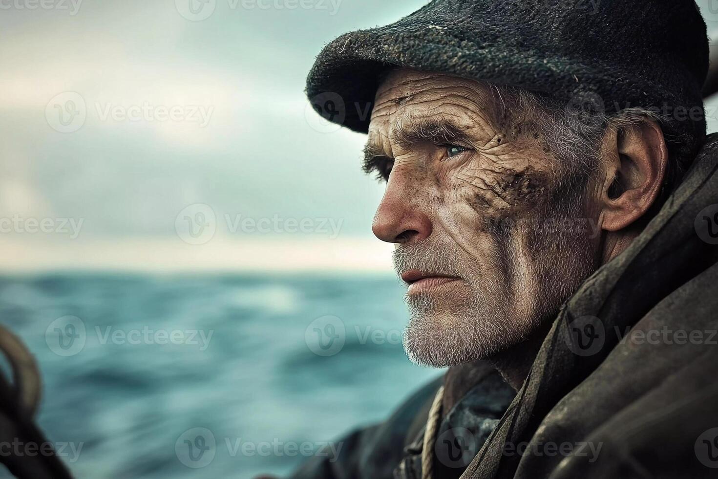 Weathered fisherman gazes into the distance while battling ocean waves at twilight photo