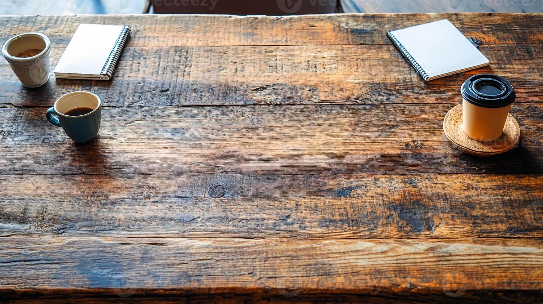 A wooden table with two cups and a notebook photo