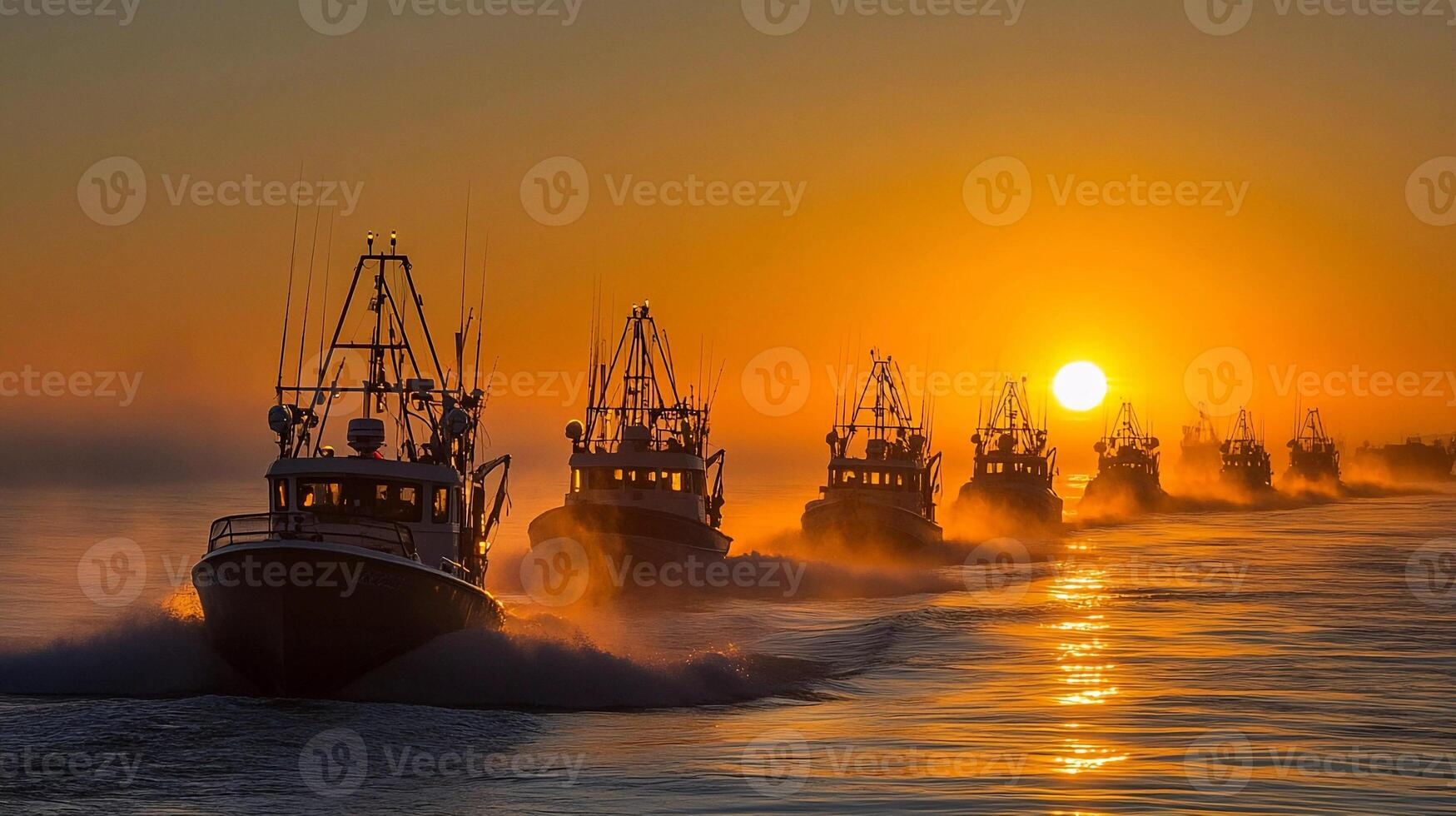 Fishing boats navigate the sunrise waters while creating a stunning visual display of light and movement photo