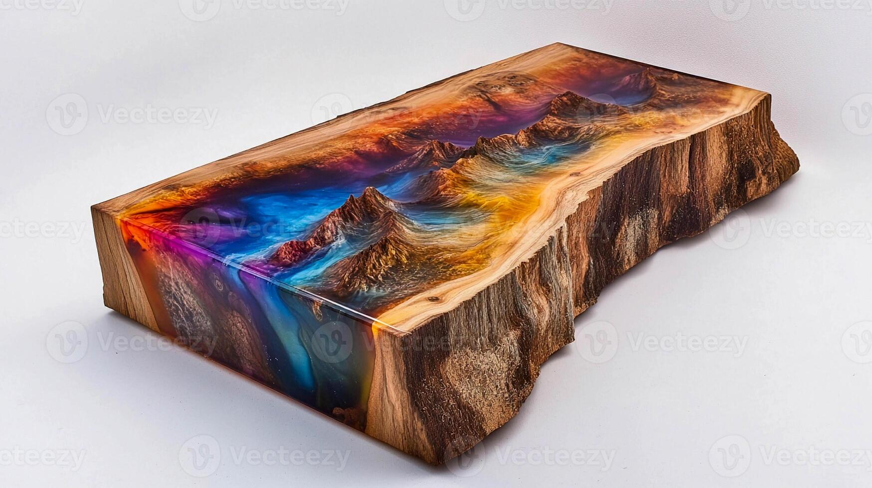 A wooden table with a colorful mountain scene on it photo