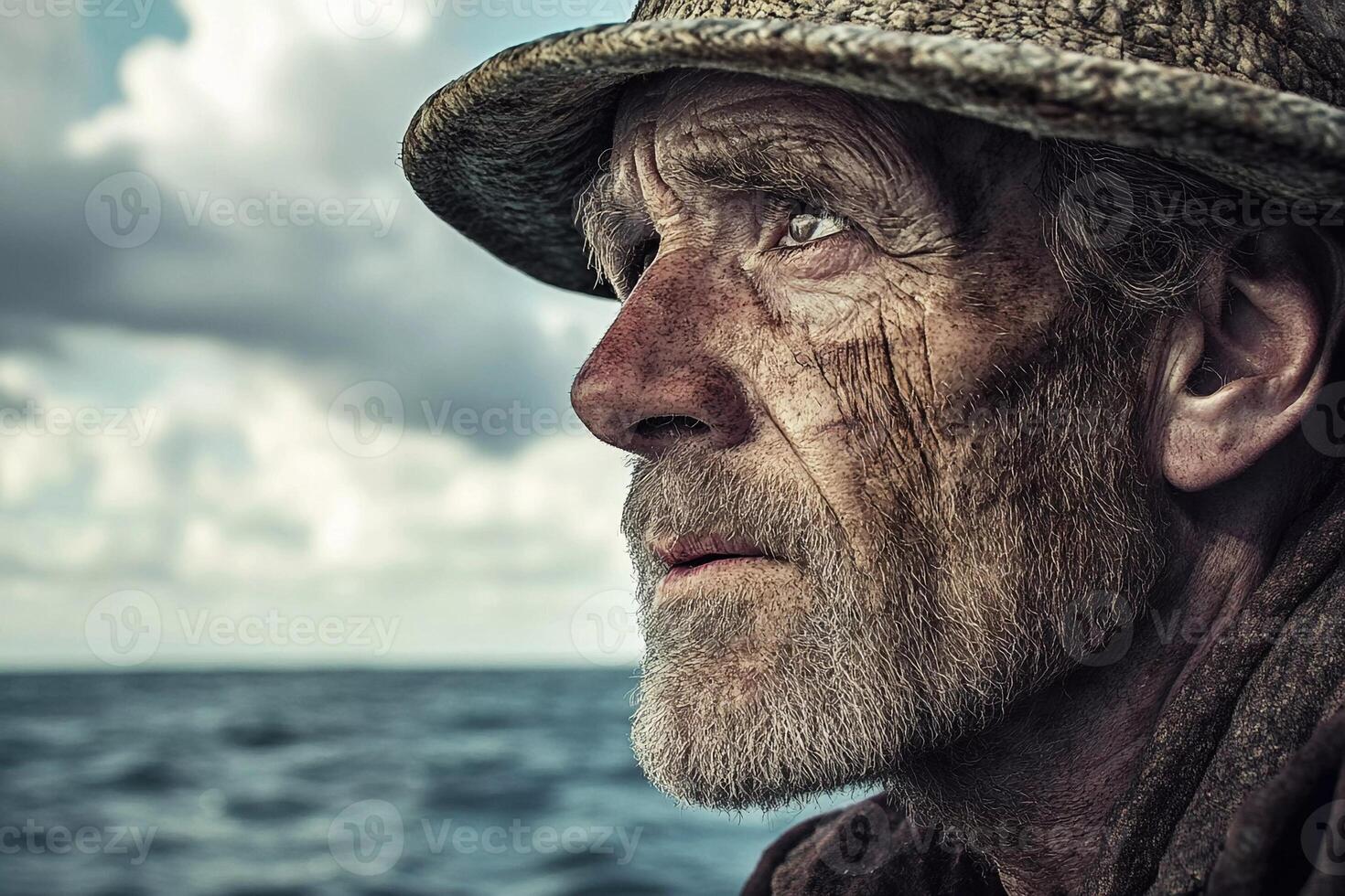 Fisherman reflects on a long day at sea while battling the elements under a dramatic sky photo