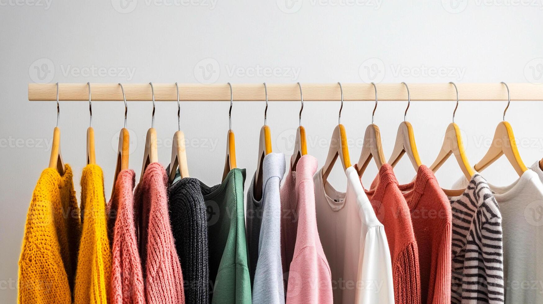 Colorful clothes hanging on a wooden rack photo
