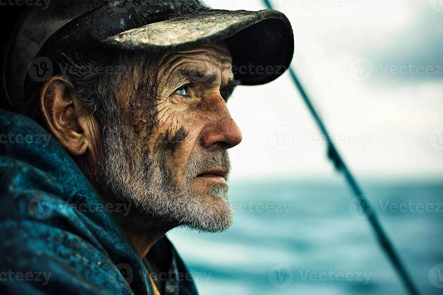 Old fisherman gazes thoughtfully at the ocean while on a small boat during a cloudy day at sea photo