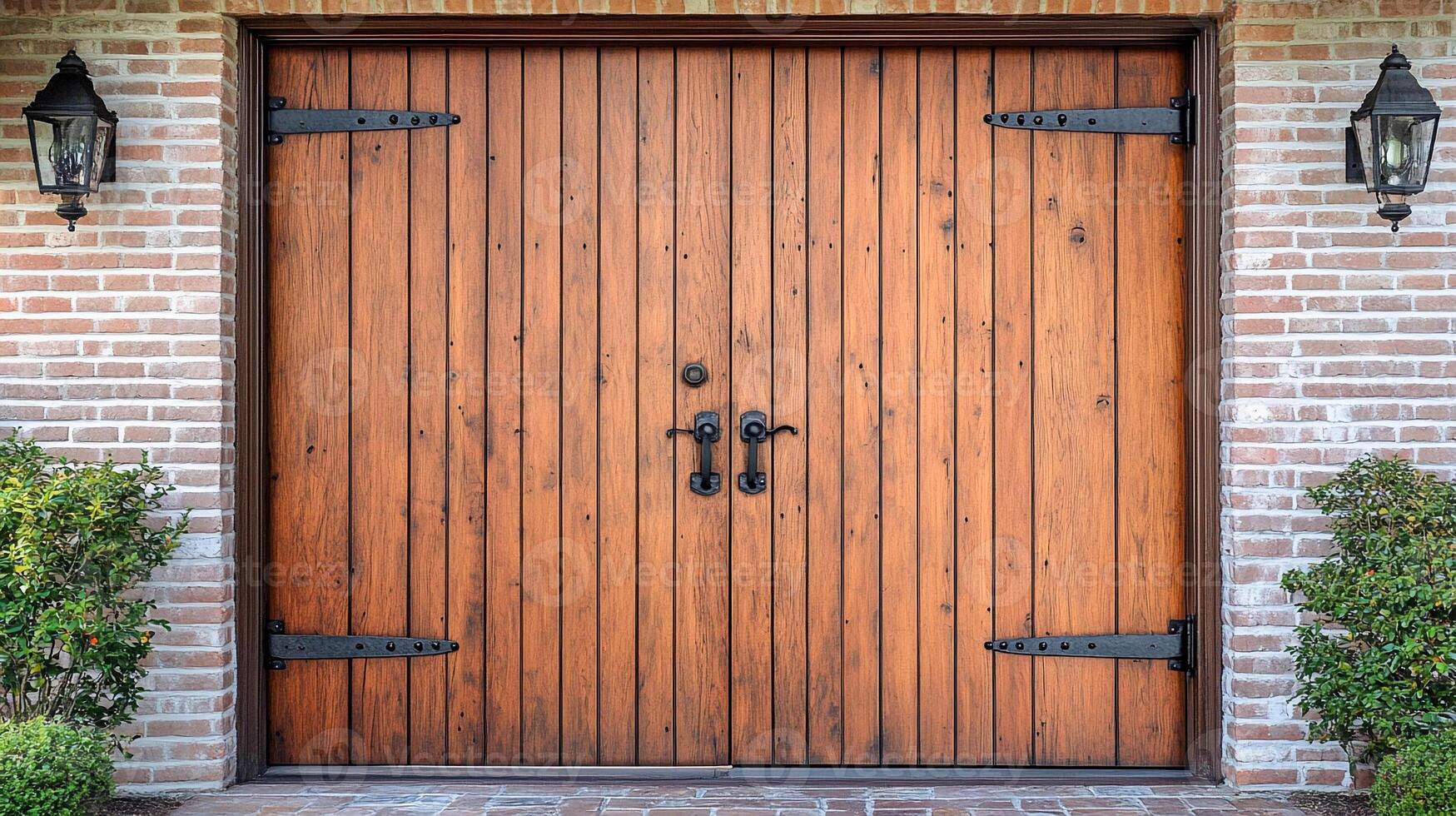 A large wooden door with two lights on it photo