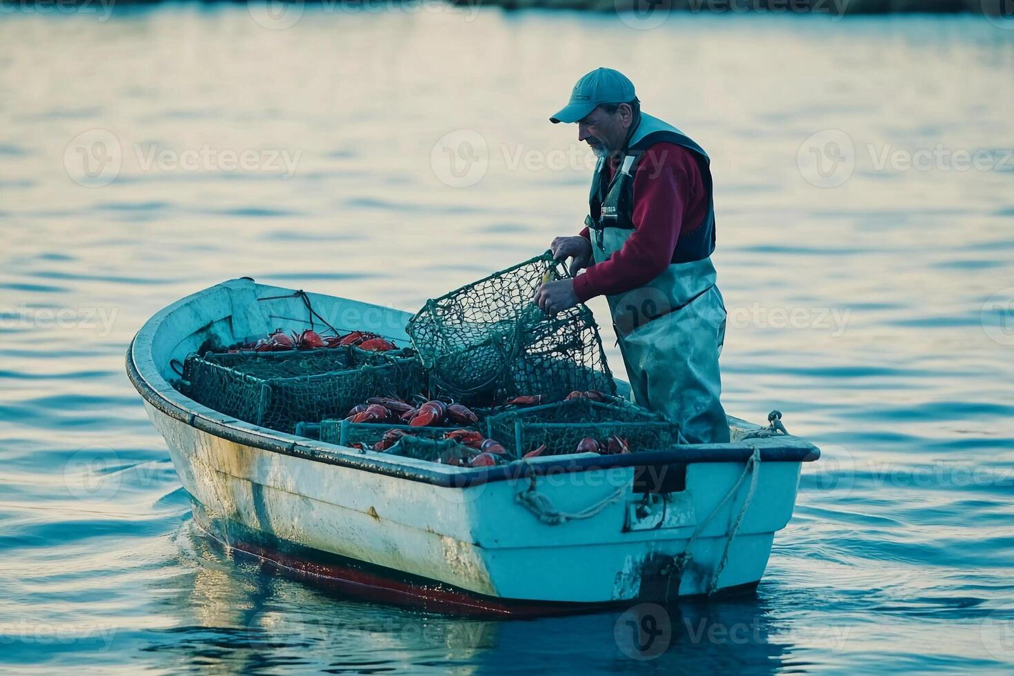 Fisherman hauling lobster traps in a tranquil bay at sunset while preparing for the evening catch photo