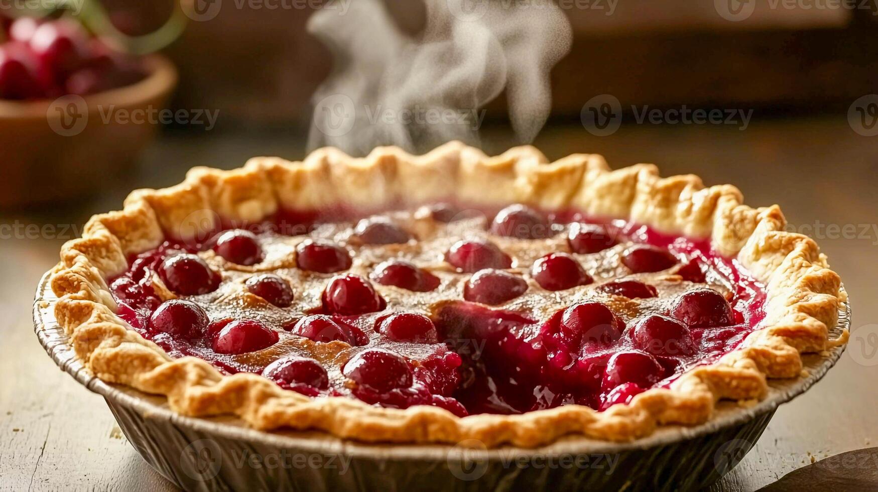 Freshly baked cherry pie cooling on a rustic kitchen table with steam rising in the warm light photo