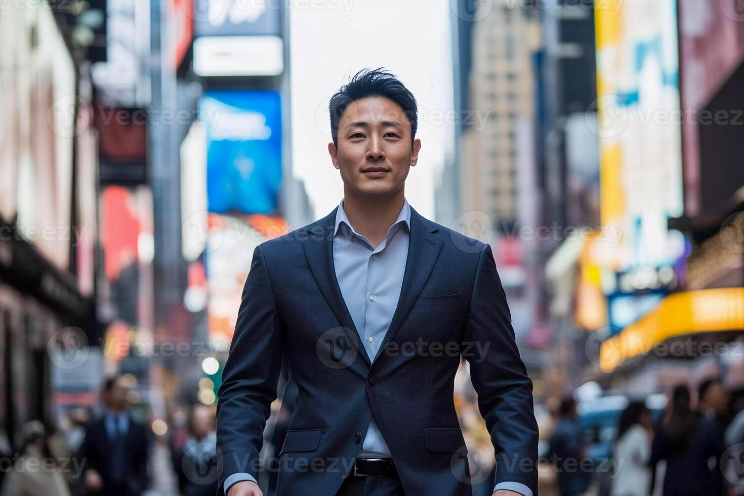 A man in a suit and tie standing in the middle of a busy city photo