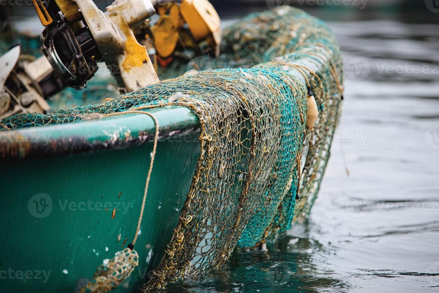 Fishing boat docks with tangled net at sunset on calm waters near coastal village photo
