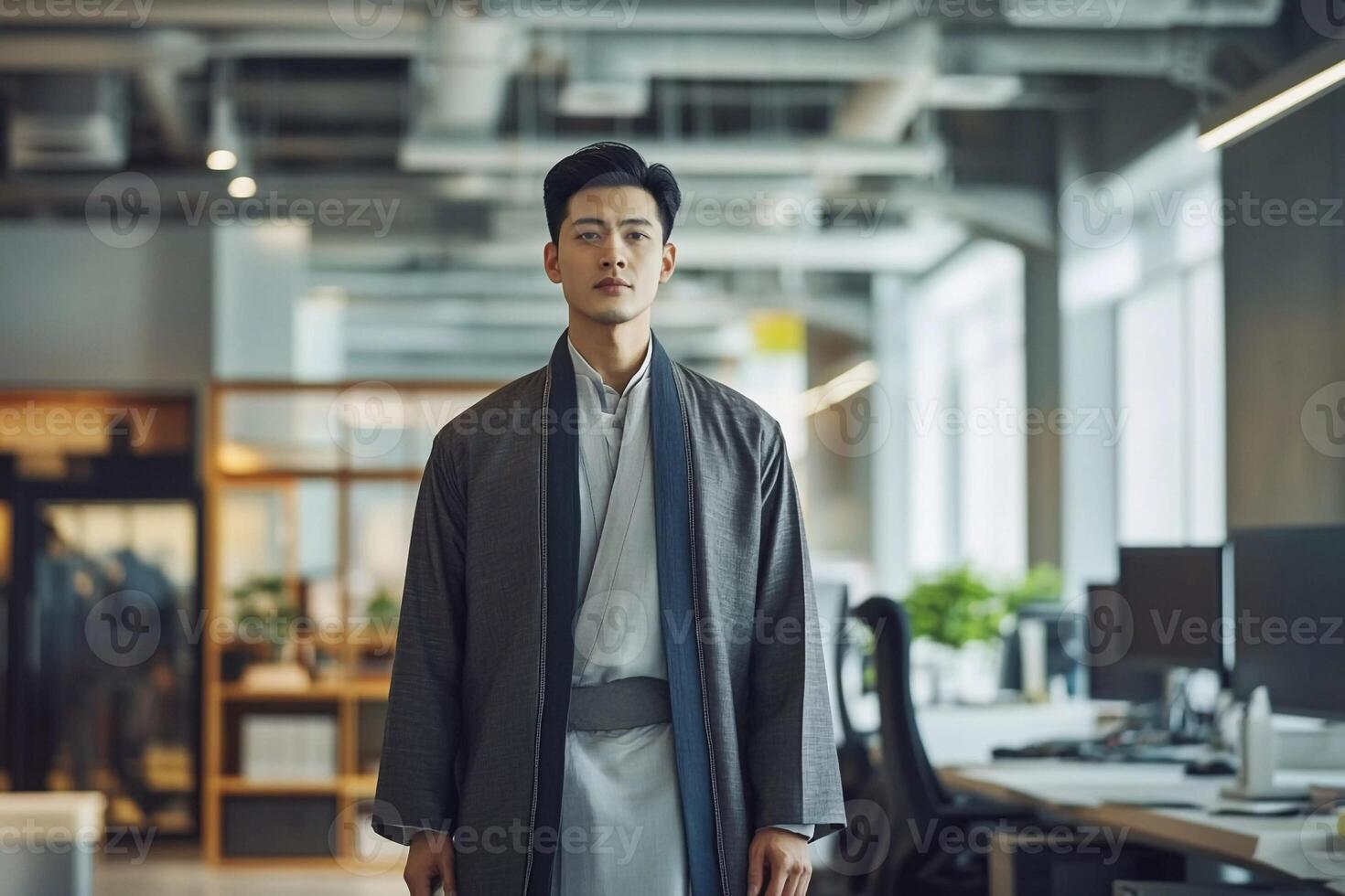 Asian man in office with computer and desk photo