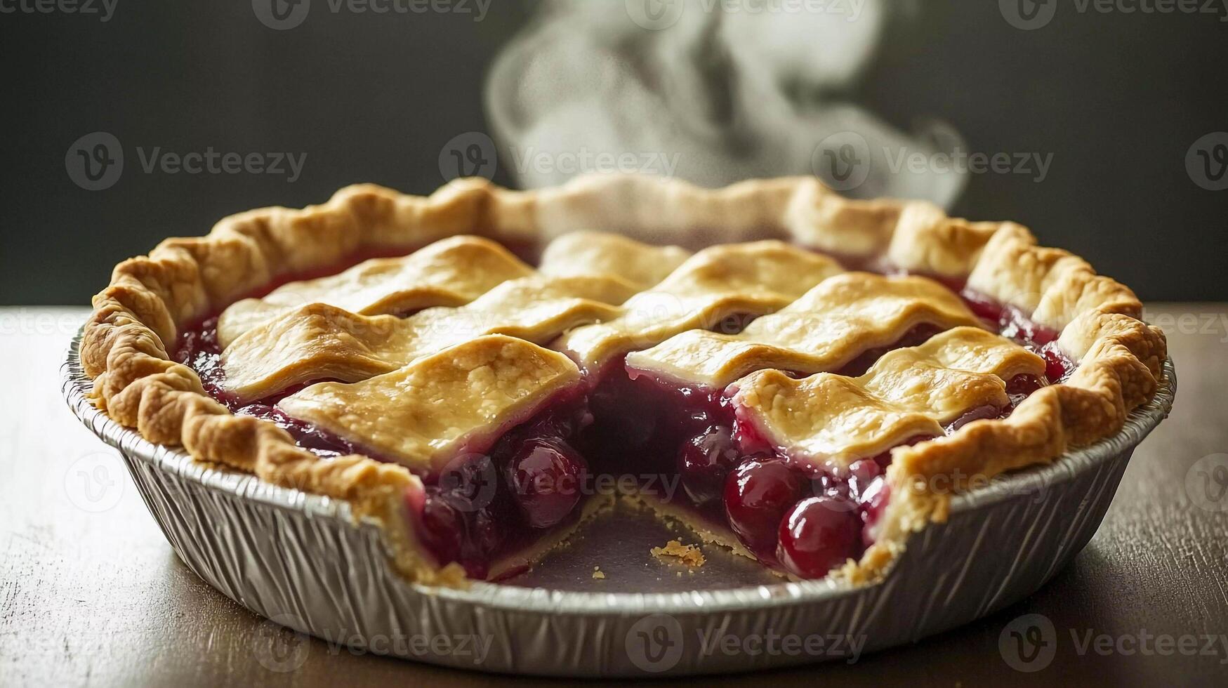 Homemade cherry pie cooling on a wooden table with steam rising at a cozy kitchen photo