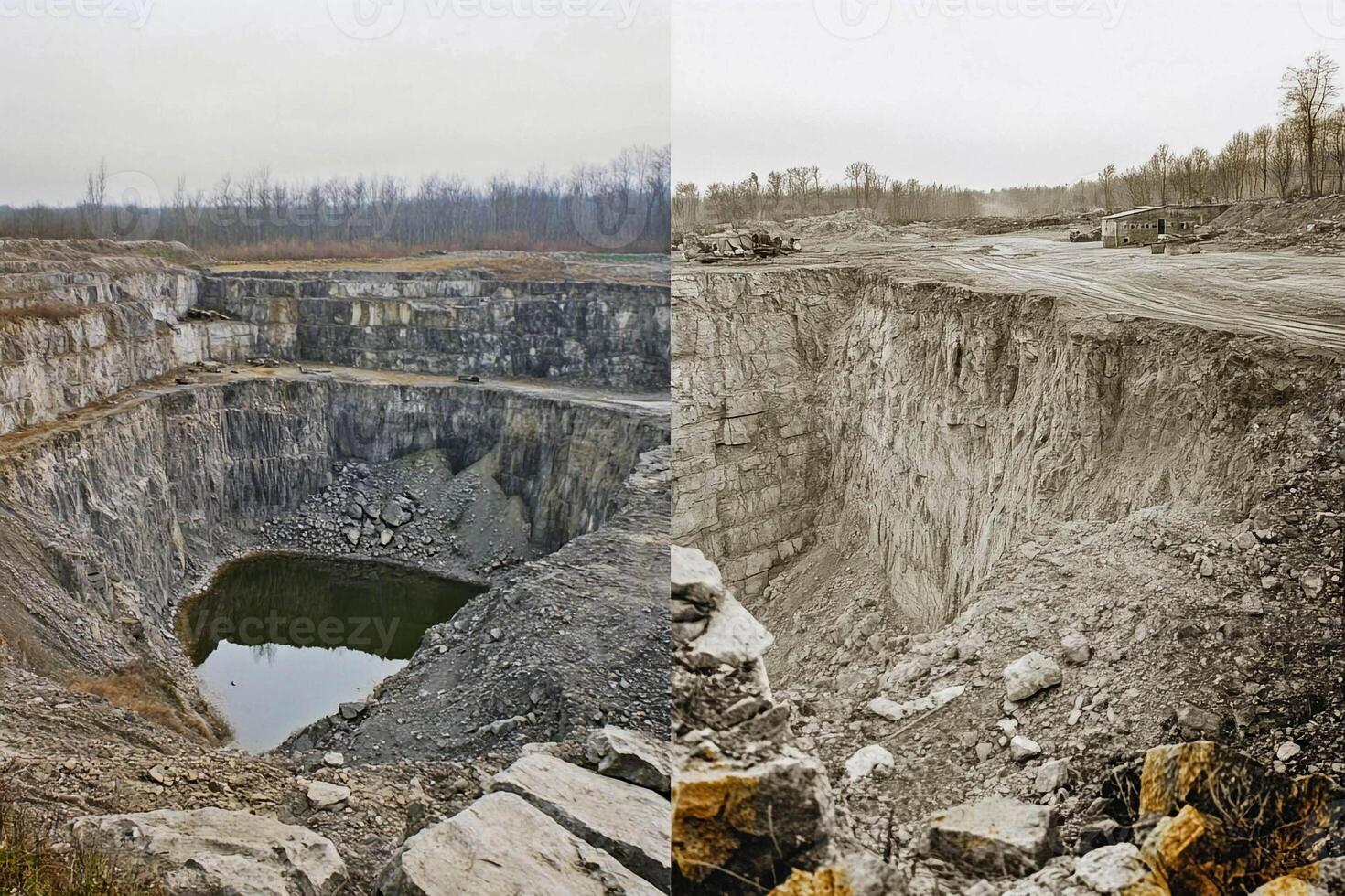 Multi-perspective view of an abandoned quarry with steep cliffs and water reflecting the surroundings photo