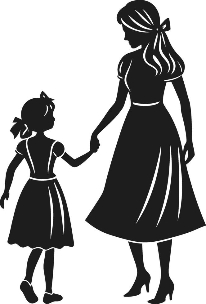 Elegant Mother and Daughter Holding Hands - Vintage Silhouette for Mother's Day vector