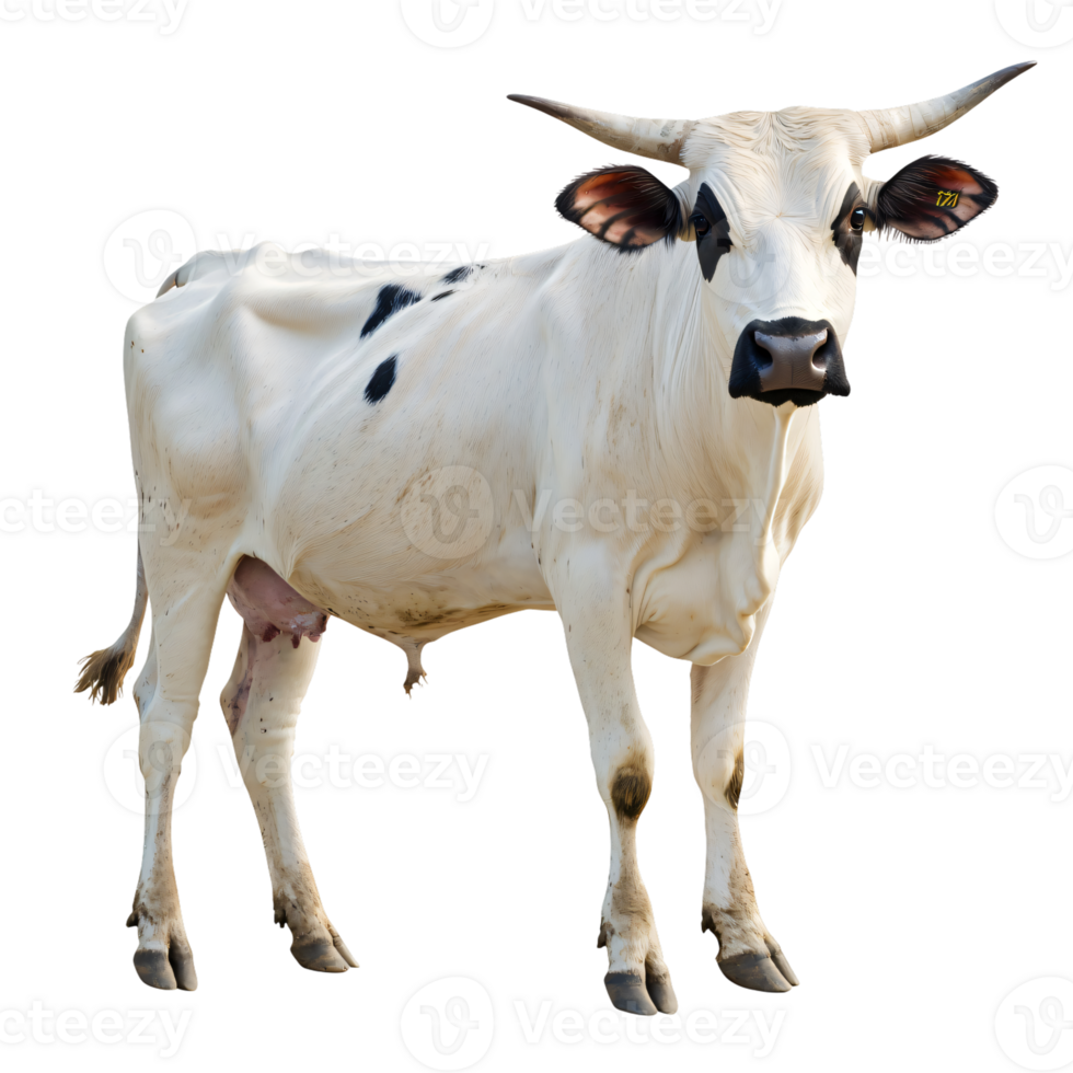 Majestic white and black speckle cow isolated transparent background farm animal portrait png