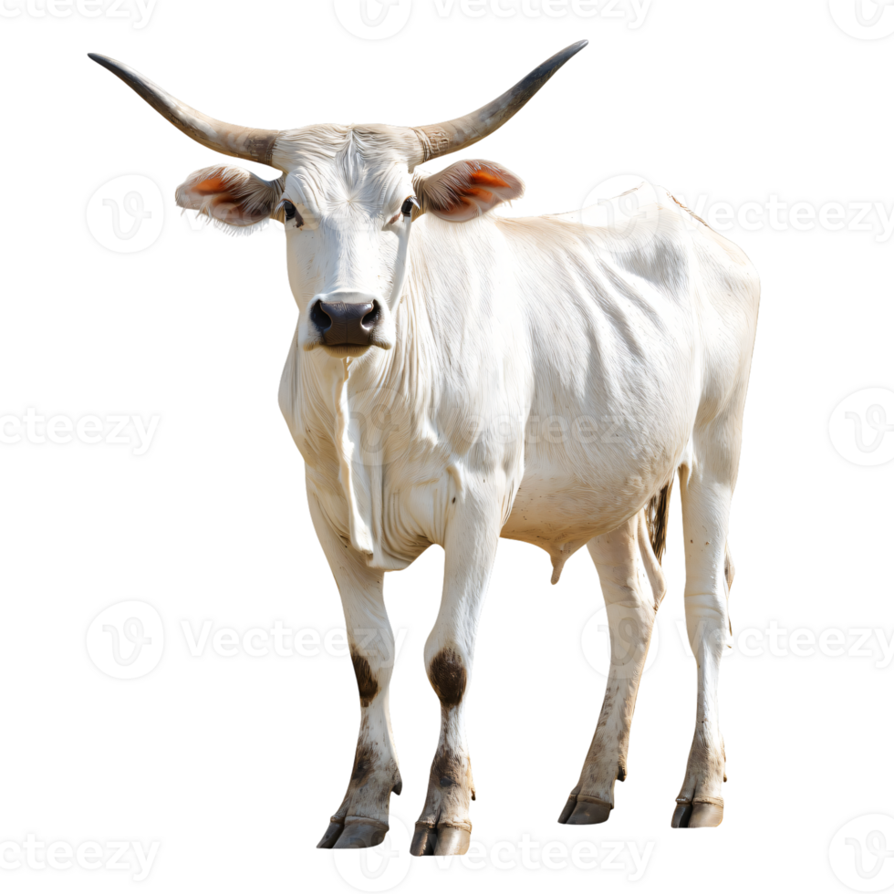 Majestic white cow adult female cattle isolated transparent background farm animal portrait png