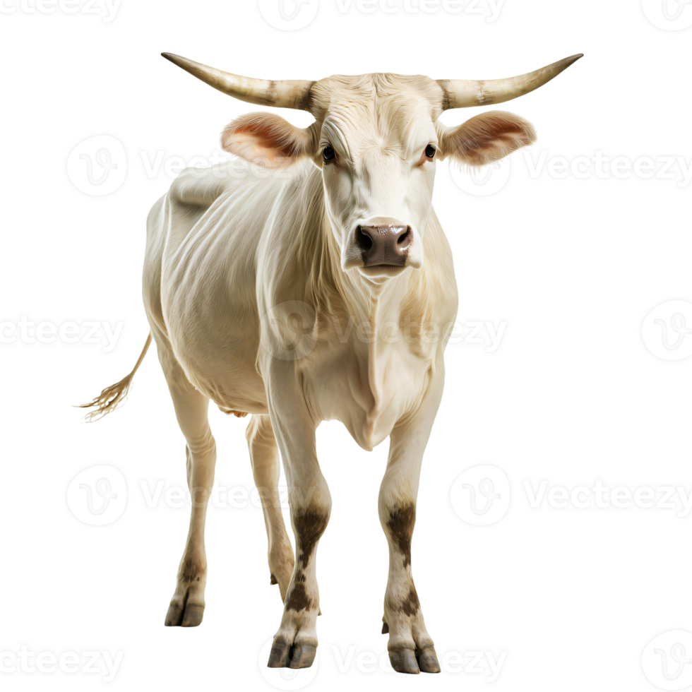 Majestic cream colored cow with horns isolated transparent background farm animal portrait png