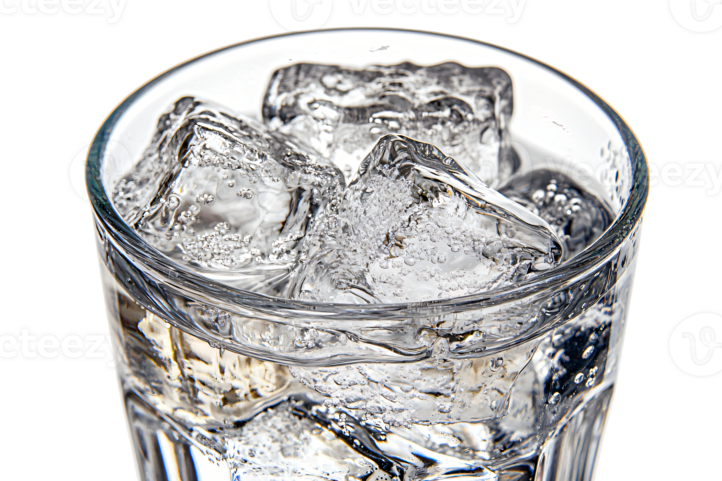Sparkling Water with Ice Cubes in Glass Close up Photography png
