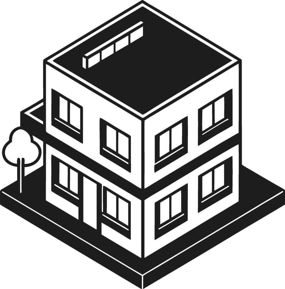 Isometric Two-Story Building - Modern Black Architectural Illustration vector